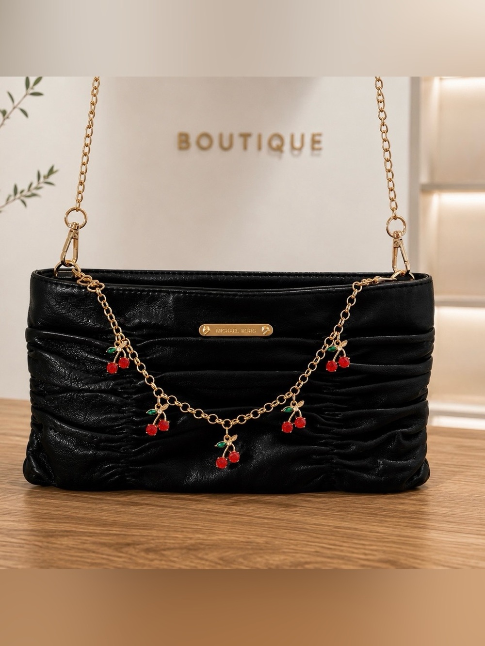 Michael Kors Y2K Ruched Leather Purse Crossbody Black Gold Cherry Chain Charm